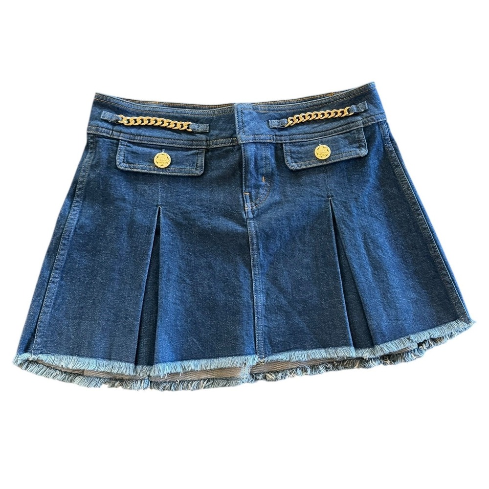 GUESS Lily Chain Denim Mini Skirt 28 Dk Wash Pleated Coquette Downtown Girl NWT